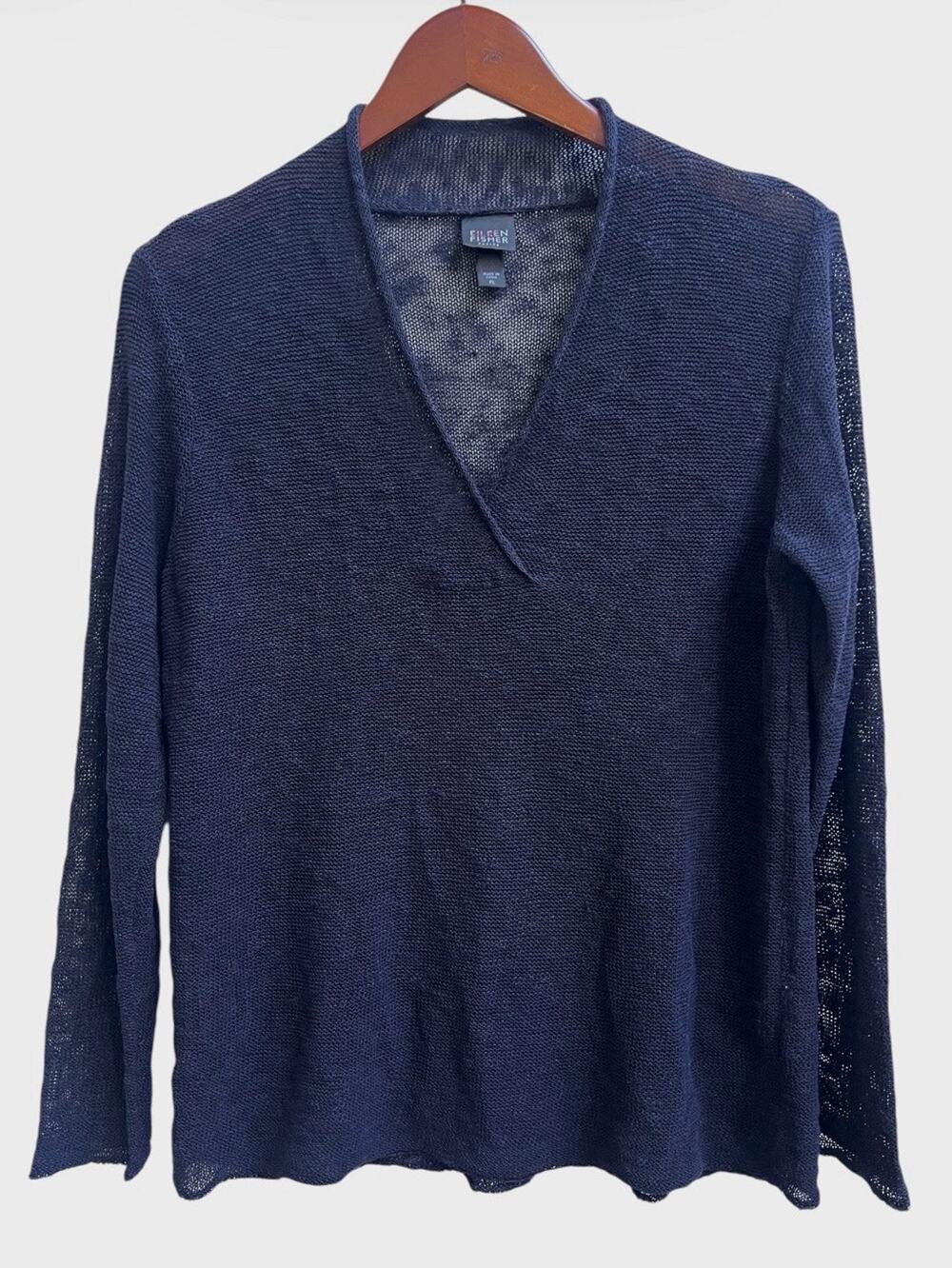 Eileen Fisher Sweater Petite PL Navy Blue Linen Blend V Neck Sheer Open Knit